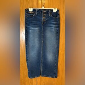 L.E.I. Denim MIDI Skirt Front Slit Button Fly Size 7